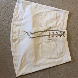 Light Wash Denim Skirt with Sueded Leather Tie